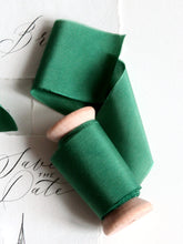 Load image into Gallery viewer, Forest green silk habotai ribbon